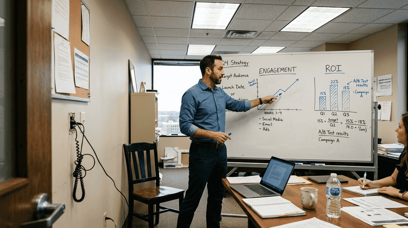 Manager discusses video formats comparison on whiteboard