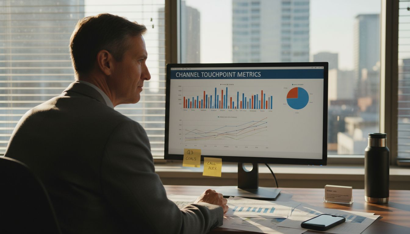 Executive reviewing digital video analytics in office