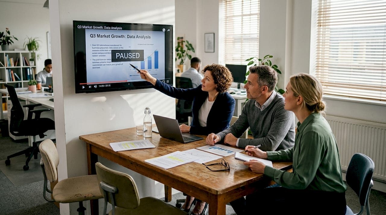 Business team meeting reviewing B2B video