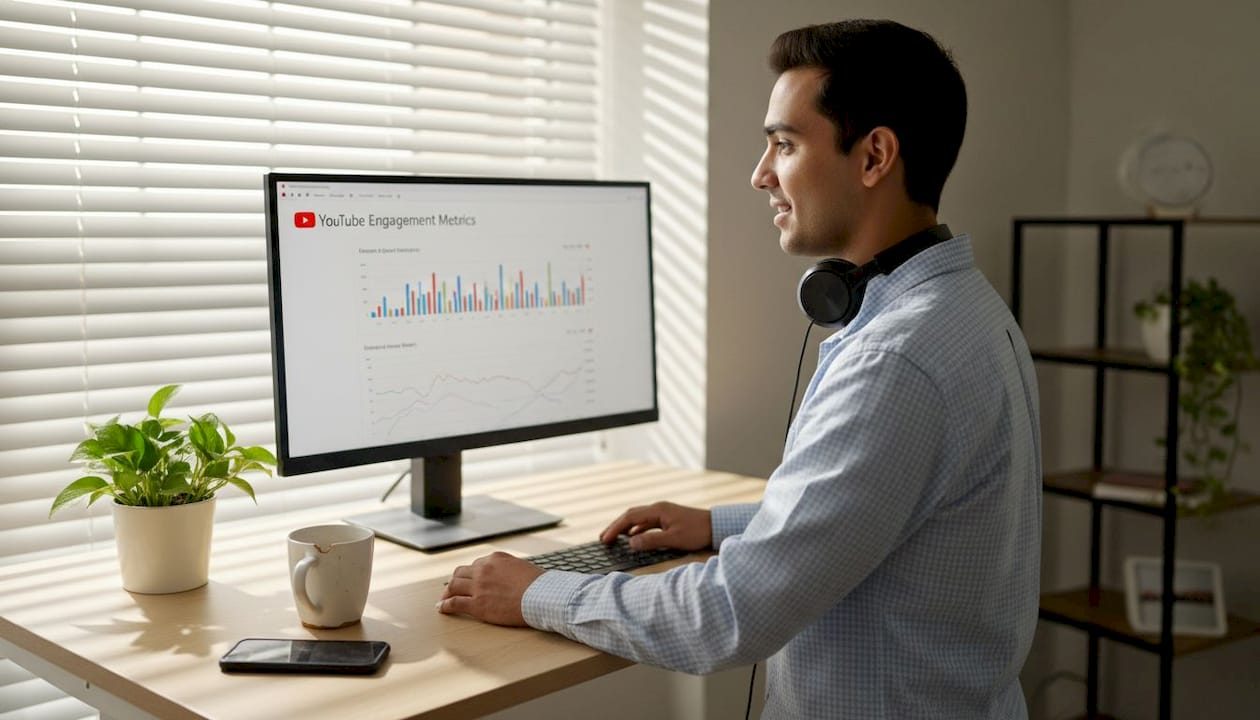 Marketer analyzing video engagement data on monitor