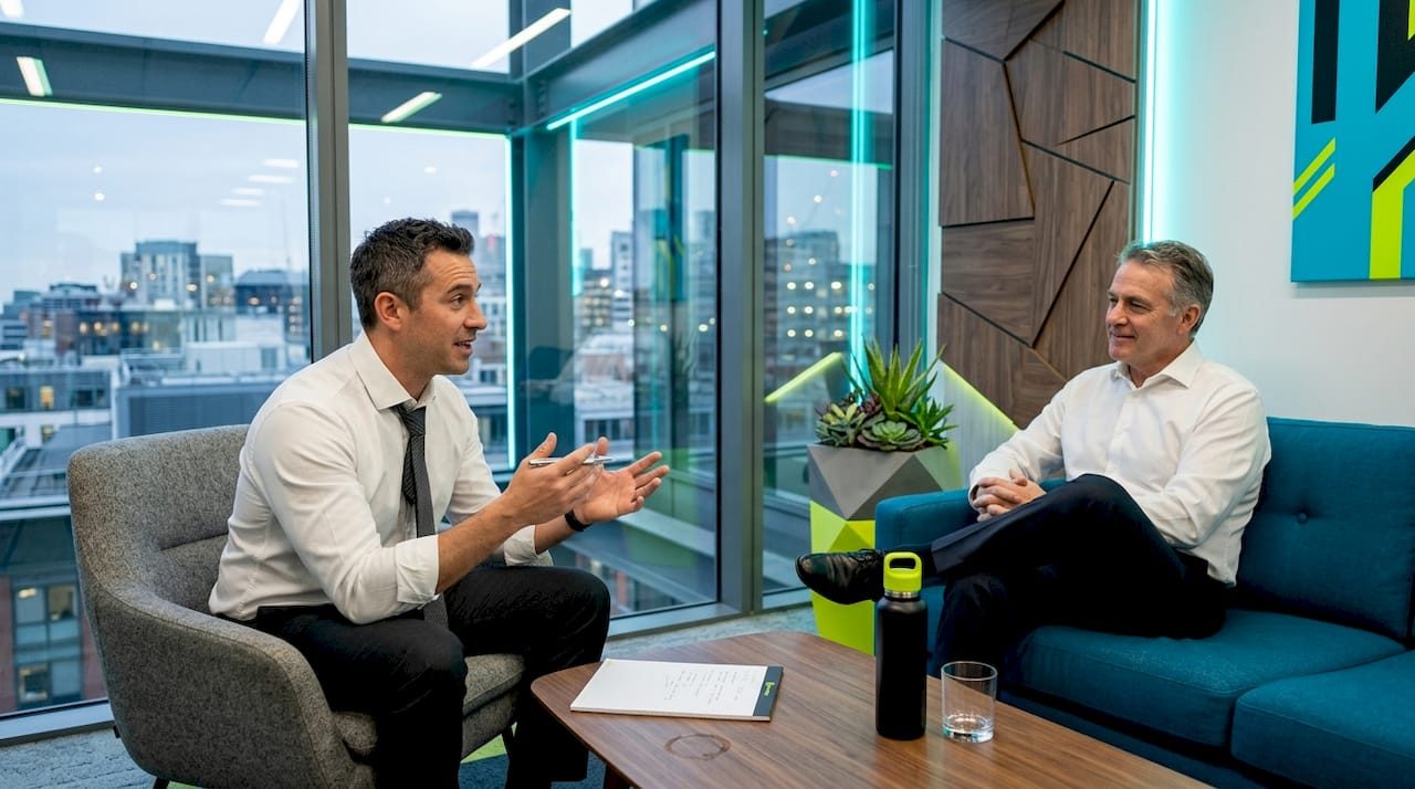 Executives conversing in relaxed interview setting