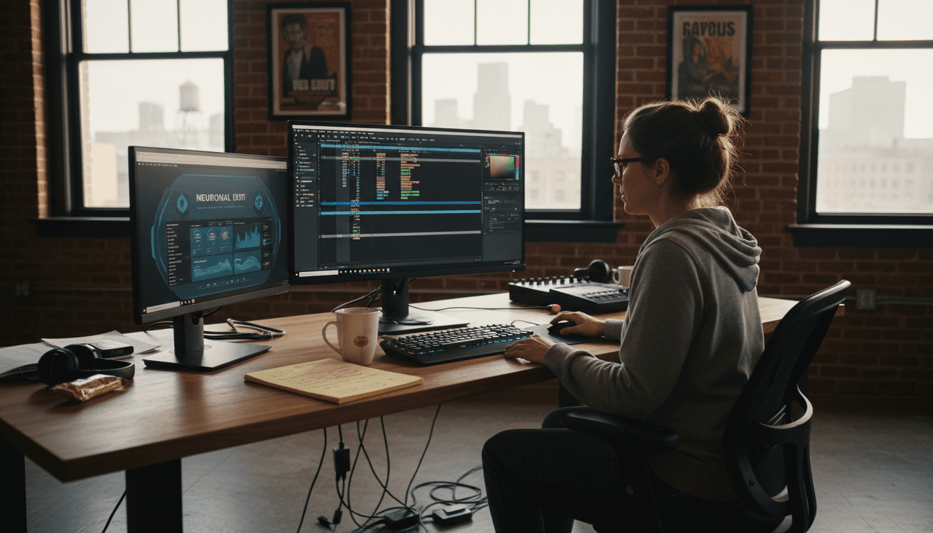 Video editor using AI tools at desk