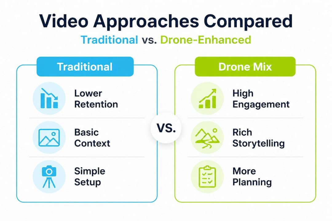 Traditional vs drone video comparison infographic
